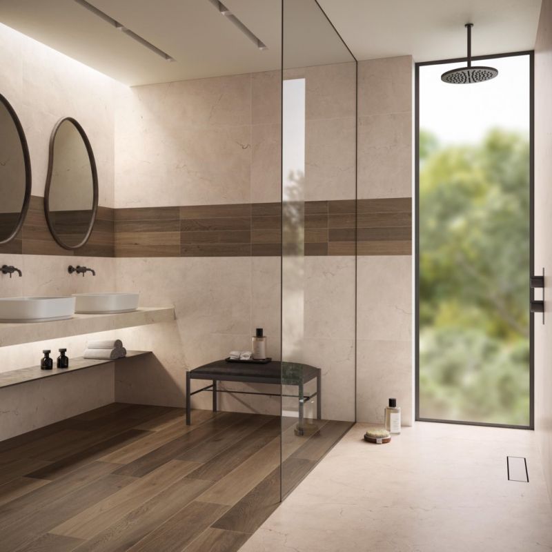 Gạch vân gỗ ốp tường và nền nhà tắm tạo điểm nhấn cho không gian