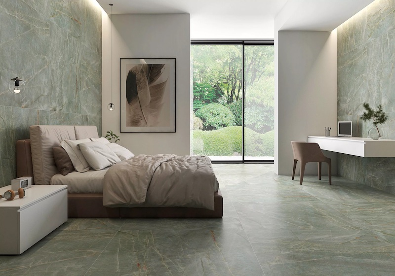 Gạch lát nền vân đá xanh ngả vàng cho phòng ngủ của người mệnh Mộc (Ảnh: Sưu tầm)
