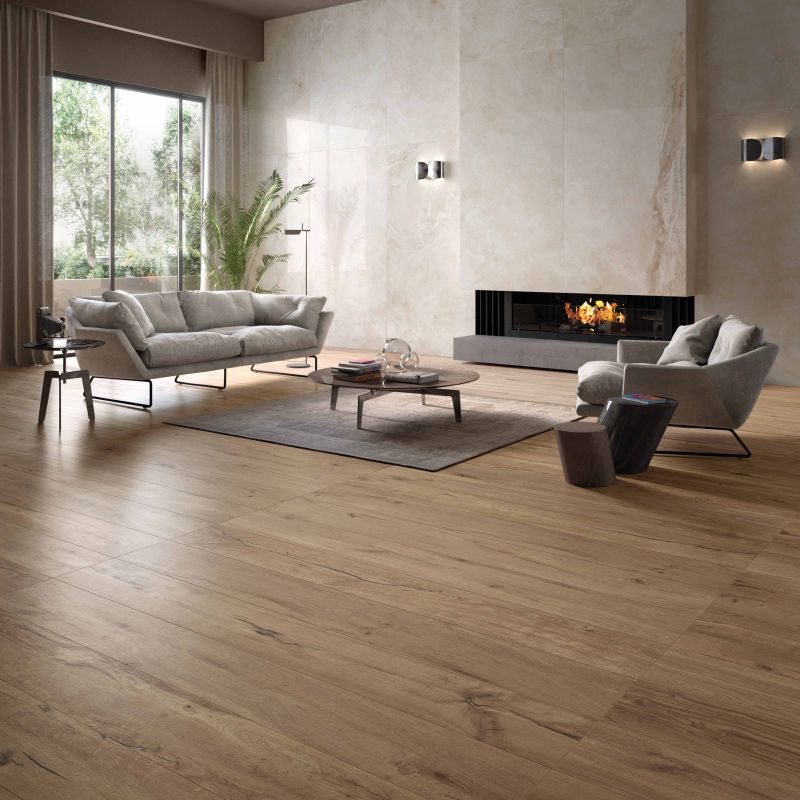 Màu nâu của gạch vân gỗ sẽ rất thích hợp cho phòng khách người mệnh Mộc