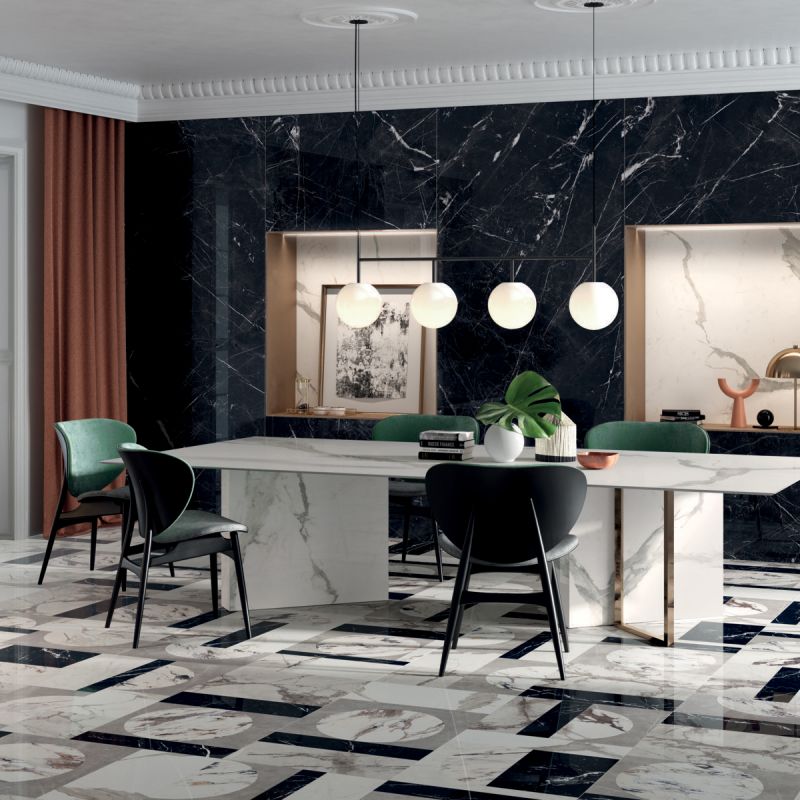 Gạch lát nền Big Slab với họa tiết vân đá kết hợp cùng gạch đá đen