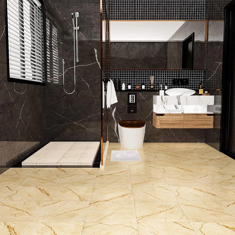 Vẻ đẹp hài hòa của gạch vân đá vàng ở không gian nhà tắm, nhà vệ sinh