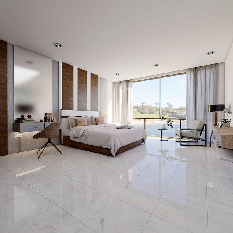 Gạch lát nền phòng ngủ màu trắng bóng kính