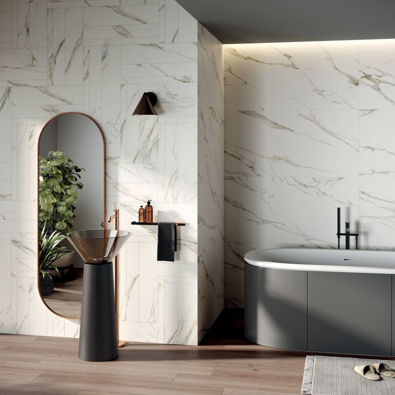Gạch ốp tường vân đá 40x80 trong không gian nhà tắm