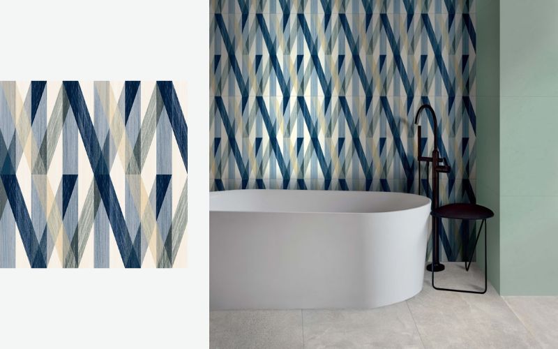 Gạch ốp tường trang trí 60x120 với tông màu xanh trắng đen xen, tạo nên một không gian nhà tắm độc đáo