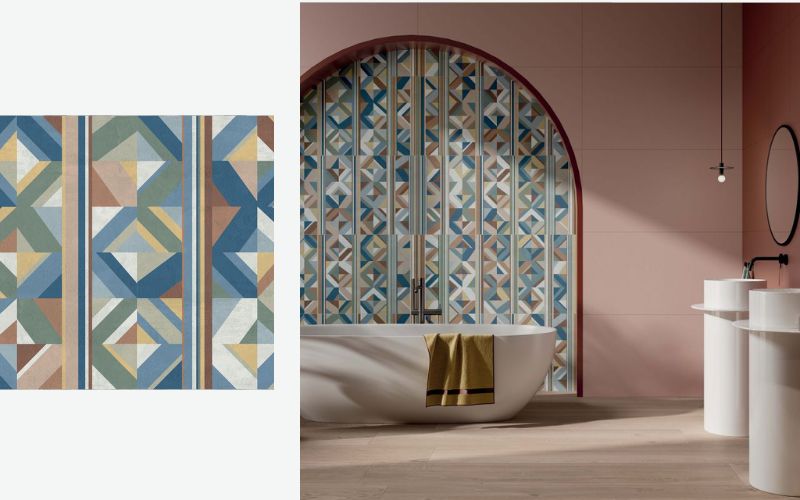Gạch trang trí 60x120 với họa tiết đối xứng với gam màu tương phản, tạo điểm nhấn cho không gian