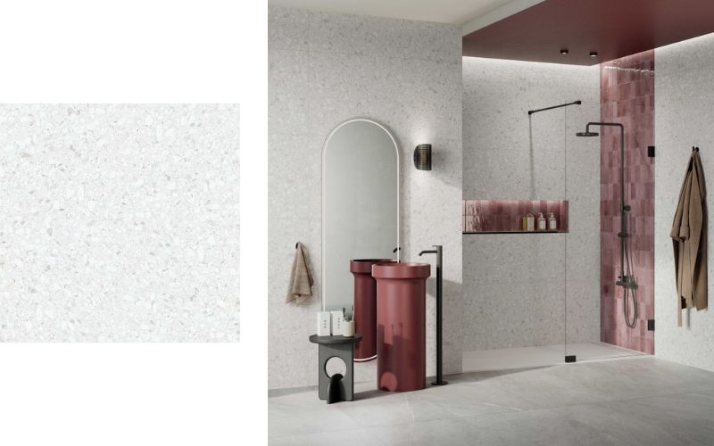 Mẫu gạch Terrazzo với vân đá nhỏ màu trắng tinh tế được ứng dụng để ốp tường nhà tắm