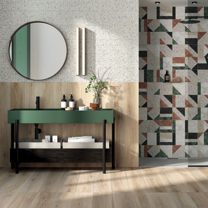 Gạch hoa văn Terrazzo màu trắng ốp tường nhà vệ sinh