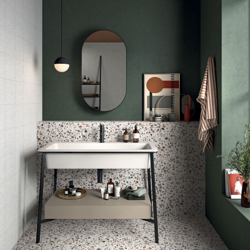 Gạch hoa văn Terrazzo với đá nhỏ nhiều màu sắc ốp tường nhà vệ sinh