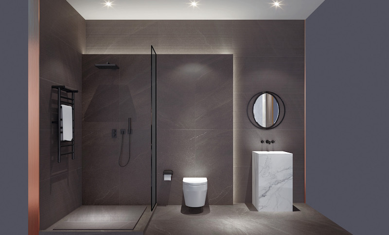 Gạch khổ lớn 600x1200mm màu đen vừa ốp tường, vừa lát nền kết hợp cùng hệ thống đèn chiếu sáng làm tôn lên nét đẹp sang trọng, huyền bí cho nhà vệ sinh, nhà tắm