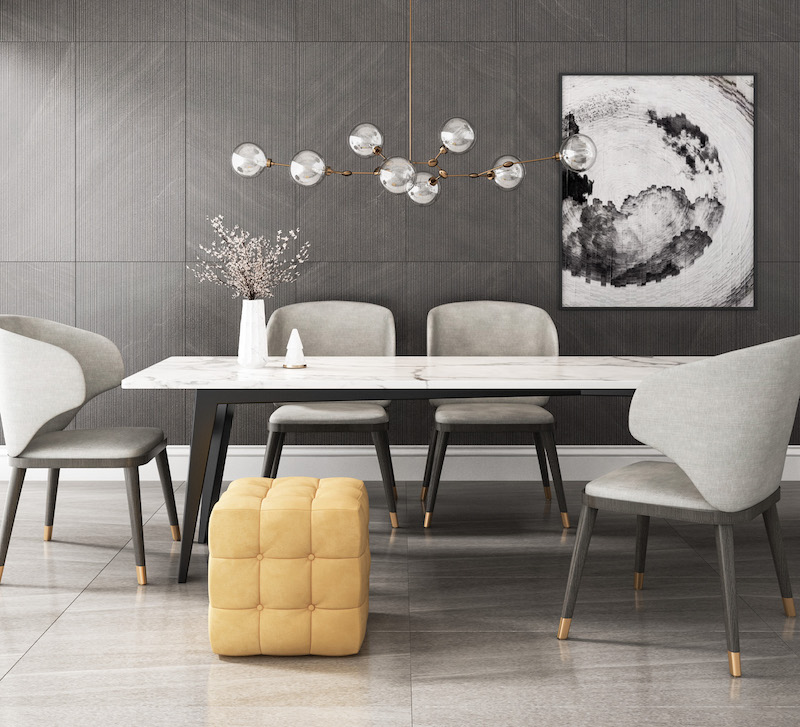 Gạch ốp tường đen xám 600x1200mm bề mặt nhám khi kết hợp cùng gạch lát nền cùng đồ nội thất, làm nổi bật lên vẻ đẹp hoàn hảo của không gian nhà bếp