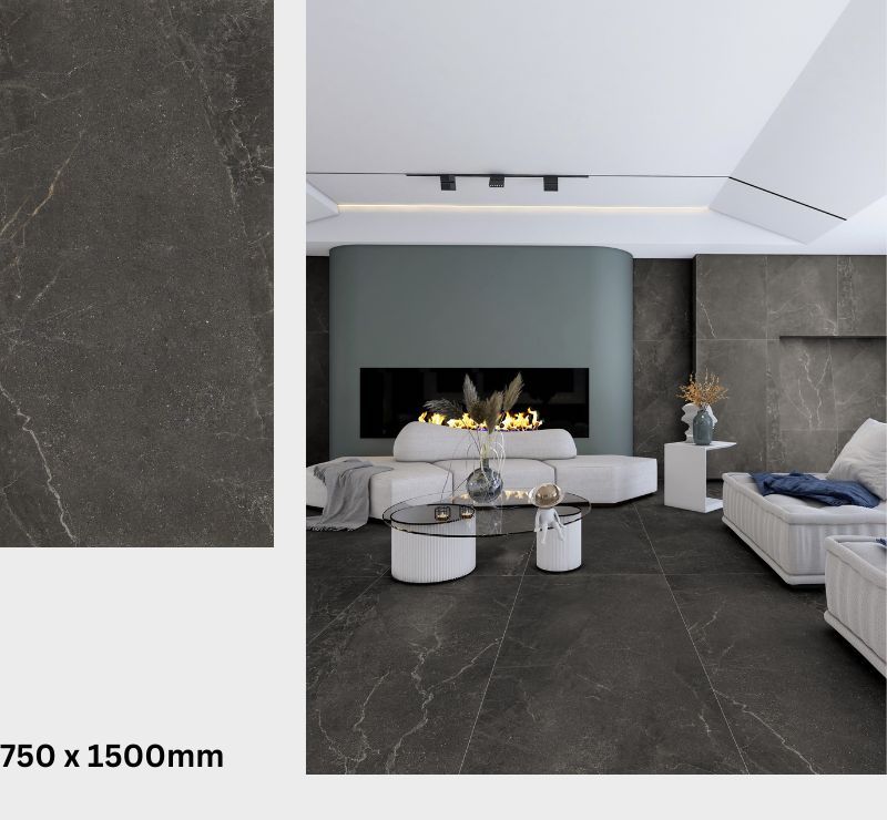 Gạch khổ lớn 750x150mm màu đen vân đá trắng ở không gian phòng khách