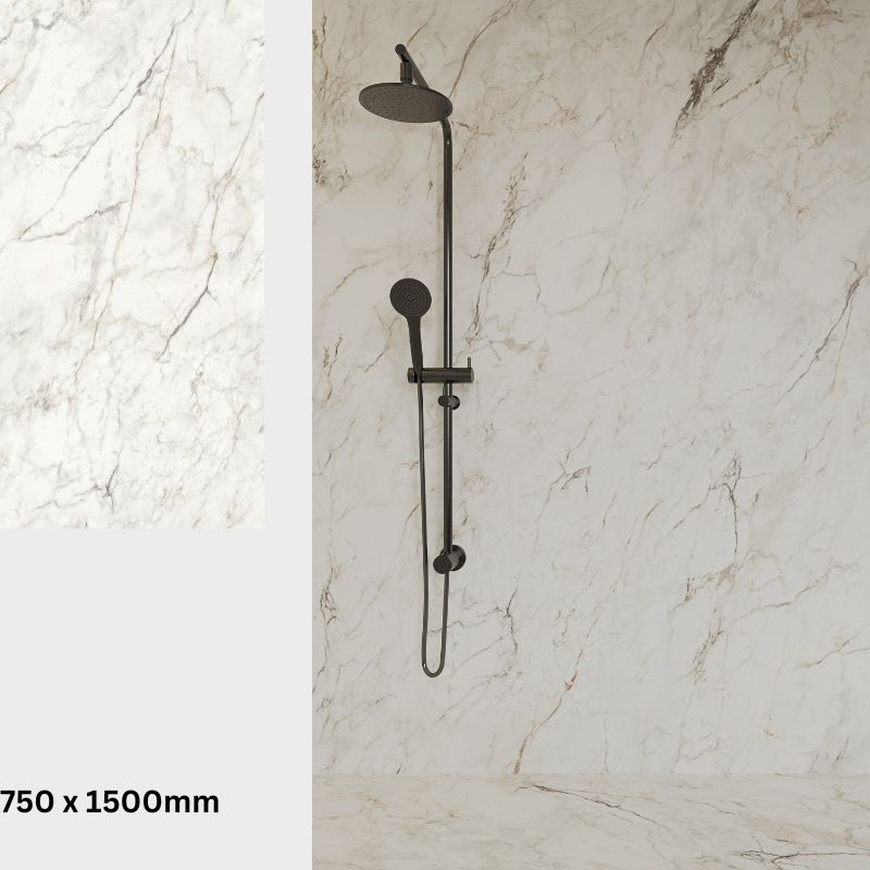 Gạch vân đá khổ lớn 750x1500mm màu trắng với những đường vân nâu đan xen ở không gian buồng tắm