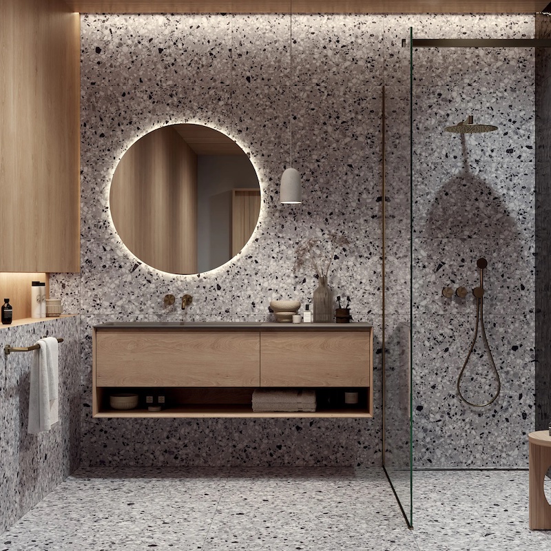 Gạch ốp tường màu xám ghi Terrazzo ở không gian nhà tắm (Nguồn: Sưu tầm)