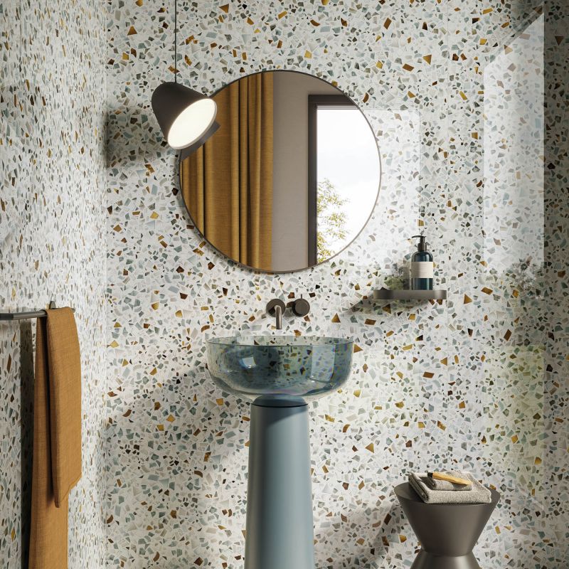 Gạch Terrazzo với nhiều họa tiết đá nhỏ đầy màu sắc