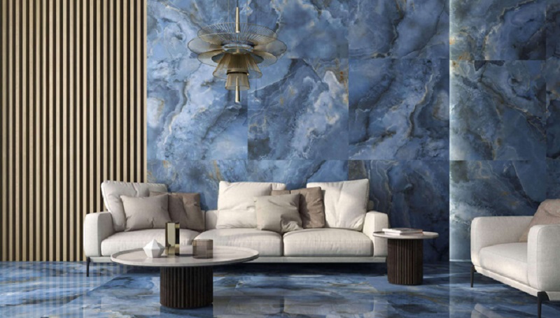 Chọn gạch ốp tường màu xanh dương cho phòng khách (Nguồn: Sưu tầm)