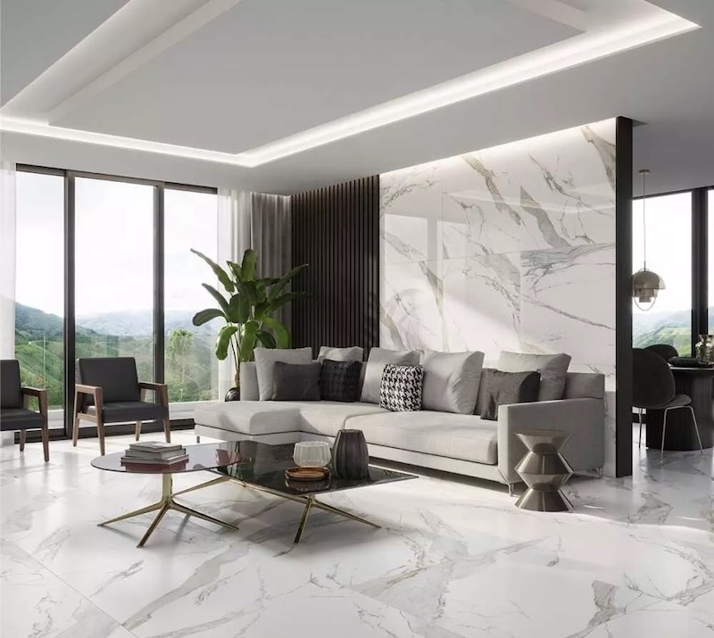 Gạch ốp tường màu trắng vân đá xám tạo điểm nhấn cho phòng khách (Nguồn: Sưu tầm)