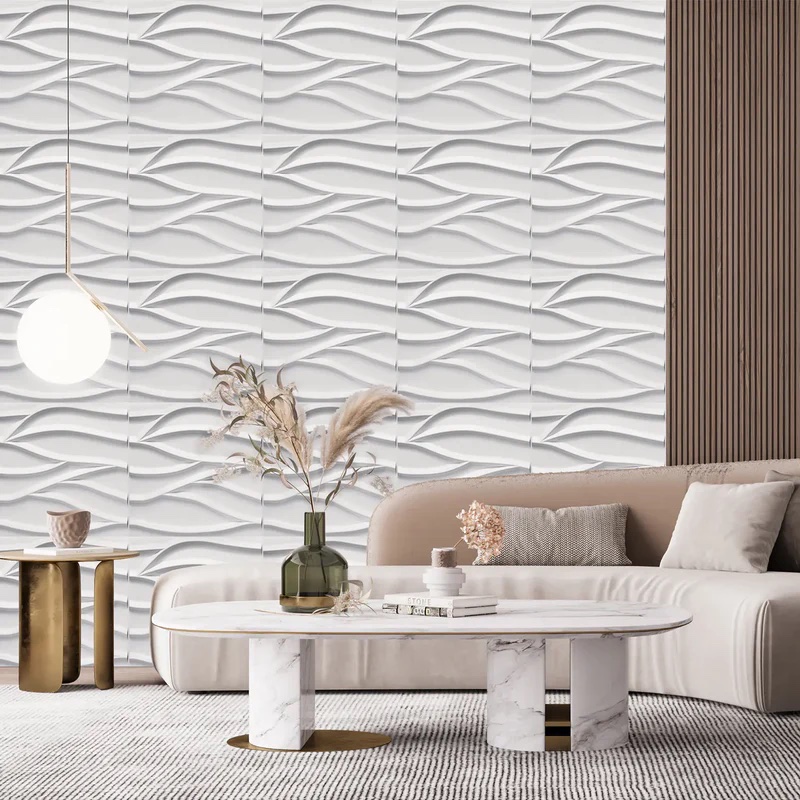Gạch 3D hình lượn sóng giúp làm nổi bật không gian phòng khách nhà cấp 4