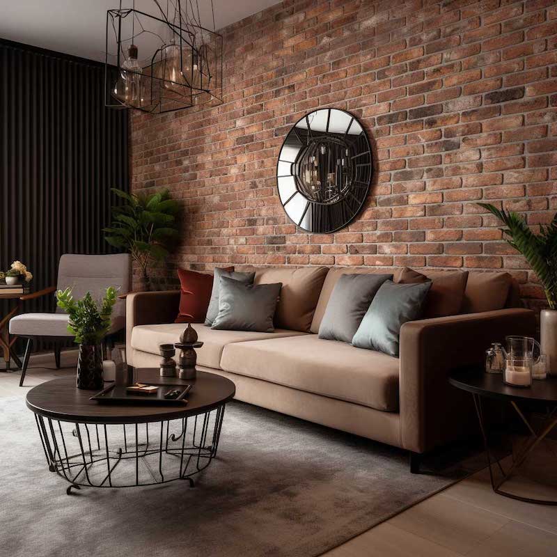 Bức tường phòng khách nhà cấp 4 được tạo nên từ gạch thẻ đỏ