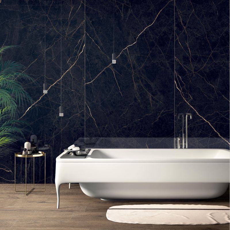 Gạch vân đá Marquina Black marble ốp tường phòng tắm