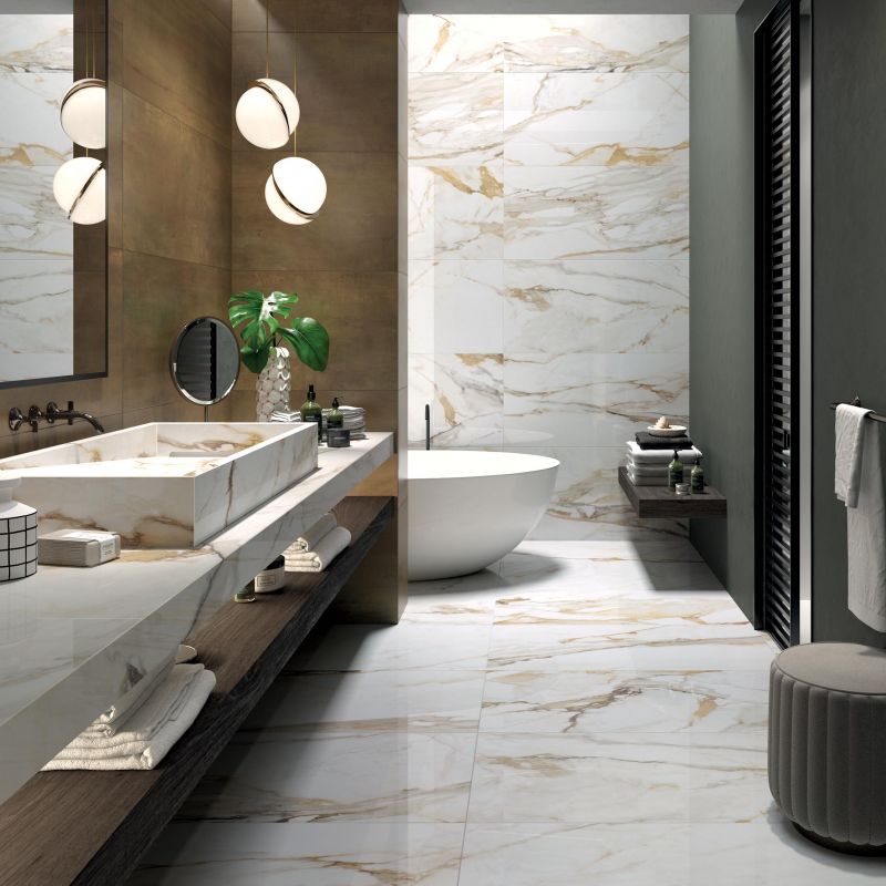 Gạch ốp tường vân đá Marble Calacatta ở nhà vệ sinh