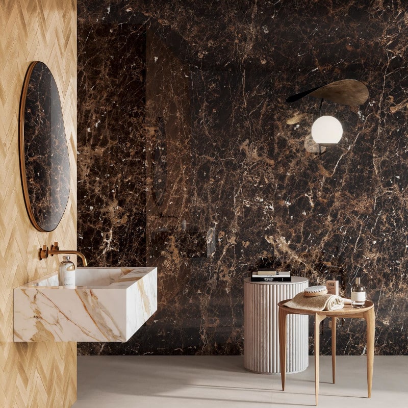 Gạch vân đá Marble Emperador ốp tường nhà vệ sinh
