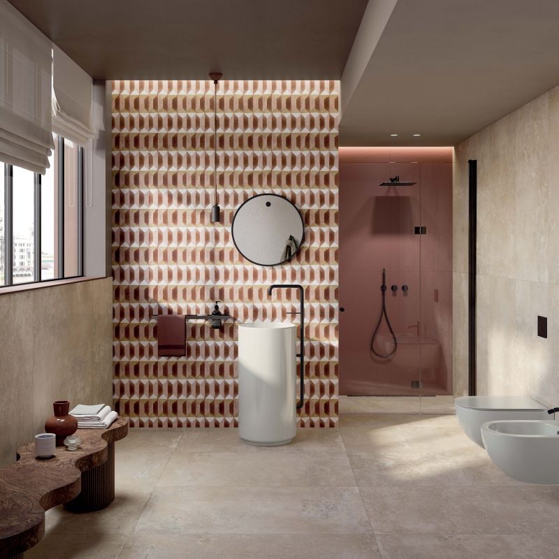 Gạch trang trí 30x60 màu hồng nâu tạo điểm nhấn cho nhà tắm