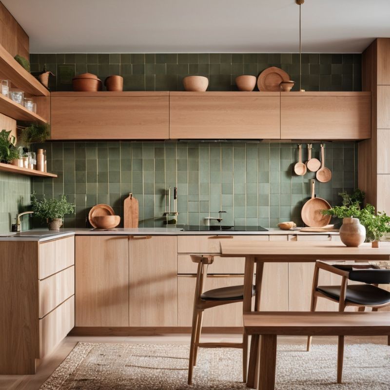 Gạch mosaic xanh lá cây hài hòa cùng đồ nội thất vân gỗ mộc mạc, gần gũi (Nguồn: Sưu tầm)