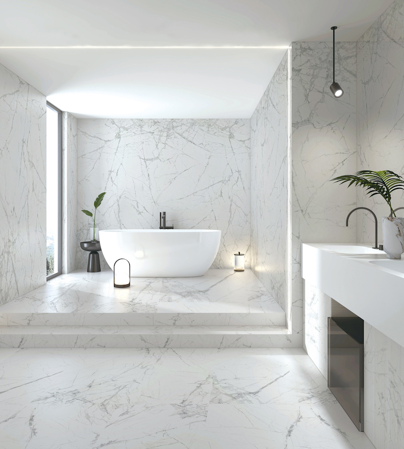 Gạch trang trí toilet màu trắng vân đá xám nhẹ nhàng, tinh tế