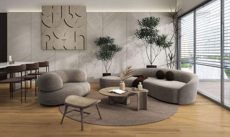 Gạch Porcelain màu xám ốp tường phòng khách