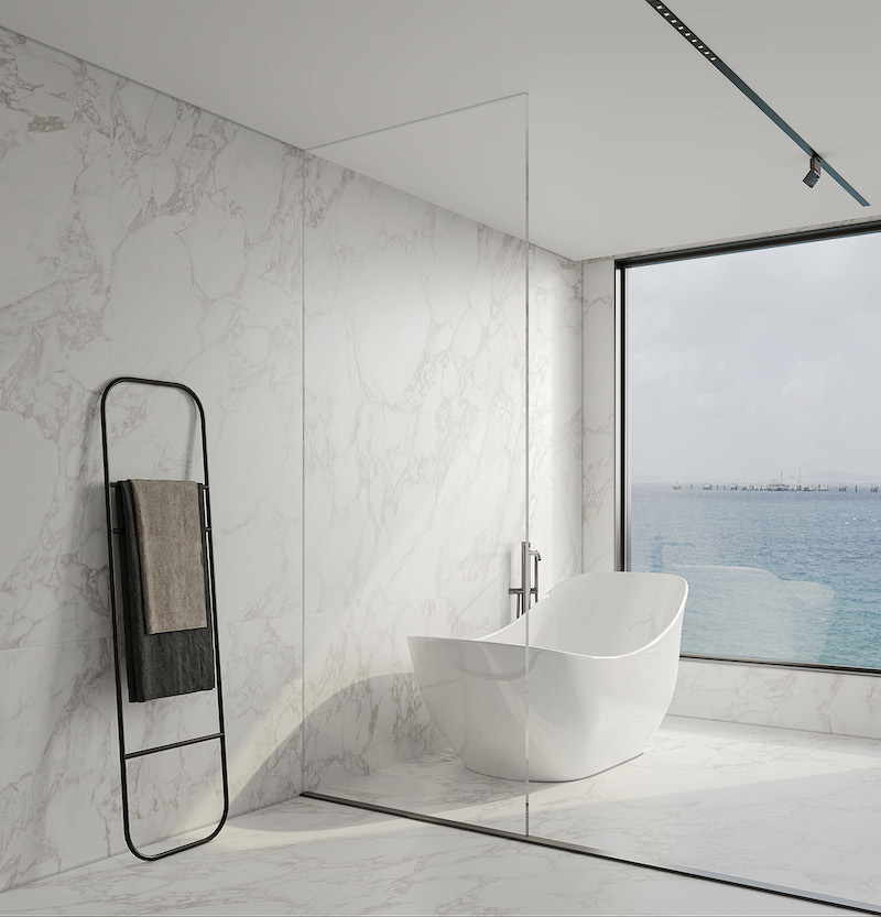 Gạch Porcelain vân đá trắng sang trọng ốp tường nhà tắm