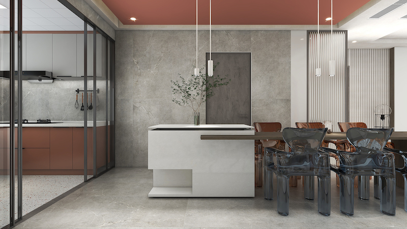 Gạch Porcelain vân đá xám ốp tường nhà bếp