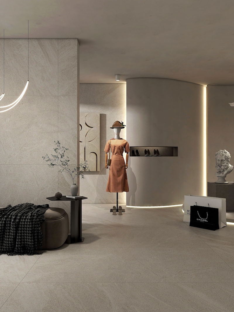 Gạch Porcelain màu be lát nền ở cửa hàng mua sắm