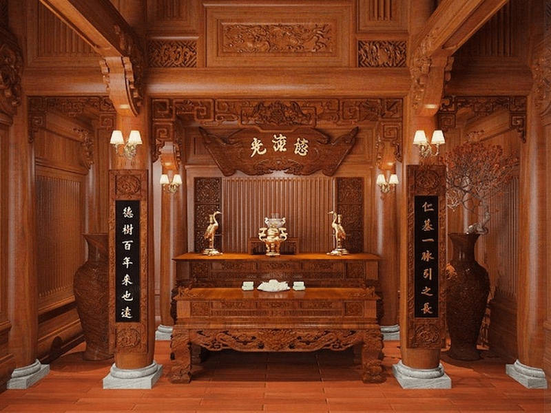 Phòng thờ màu gỗ đỏ rực cổ kính phù hợp với người mệnh Hỏa (Nguồn: Sưu tầm)