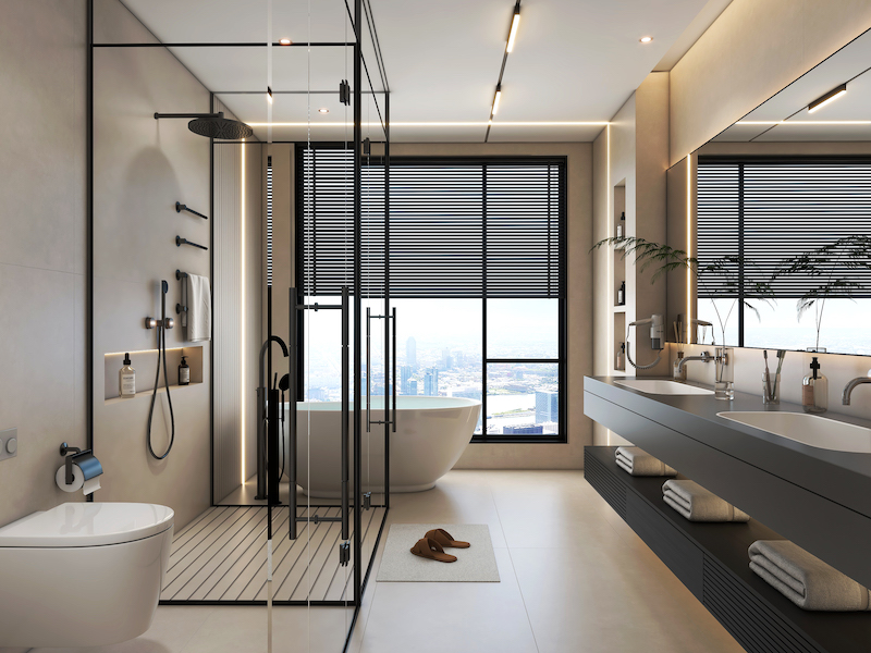 Gạch lát nền màu be vàng tinh tế ở không gian nhà tắm