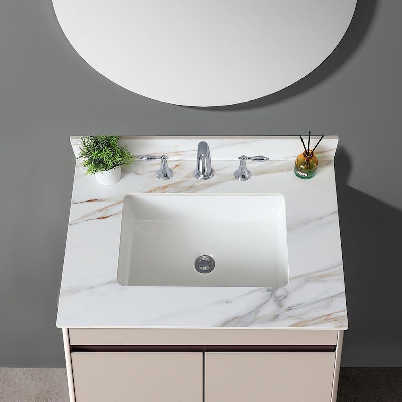 Tủ lavabo mặt đá trắng tinh tế, phù hợp với không gian nhà tắm (Nguồn: Sưu tầm)