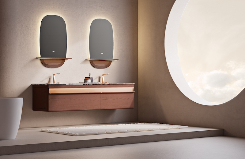 Tủ lavabo nâu đỏ trở thành điểm nhấn ấn tượng cho không gian nhà vệ sinh