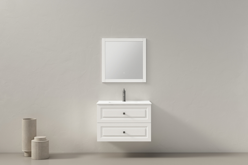 Bộ tủ lavabo trắng sang trọng kết hợp với gương vuông treo tường