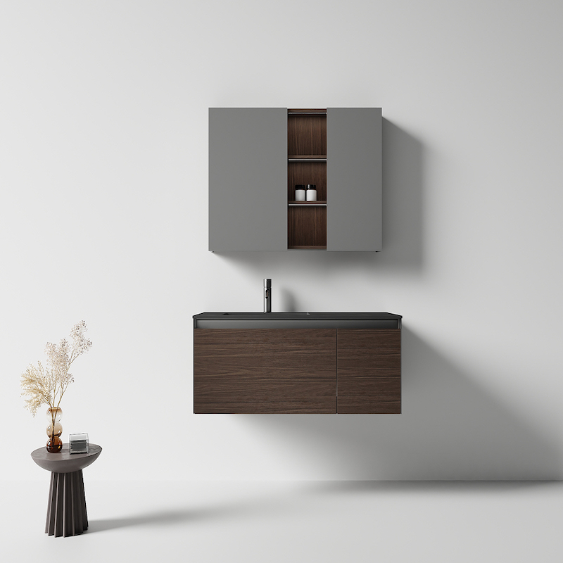 Bộ tủ lavabo treo tường màu nâu gỗ kết hợp với tủ đựng đồ