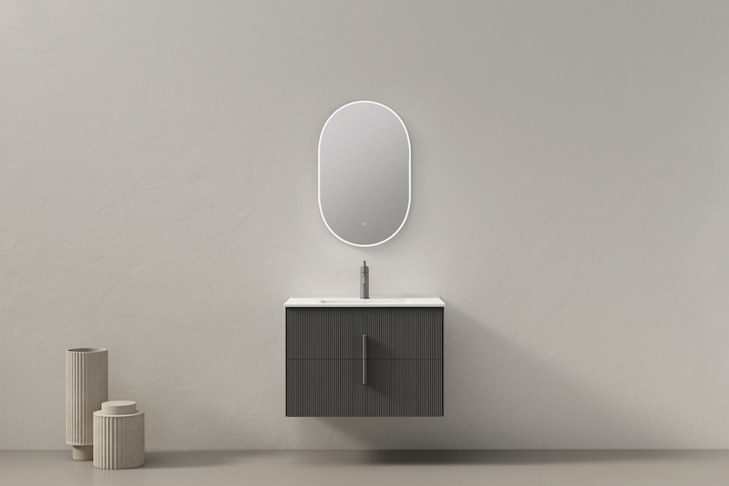 Bộ tủ lavabo màu đen kết hợp với gương treo tường ovan