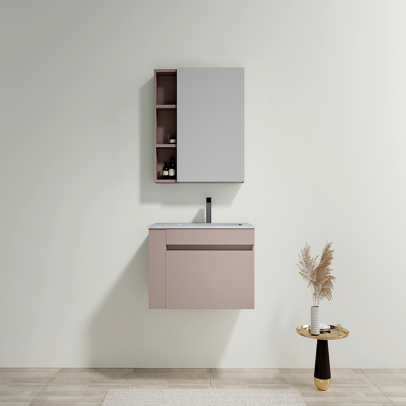Bộ tủ lavabo màu hồng kết hợp với tủ đựng đồ ở trên