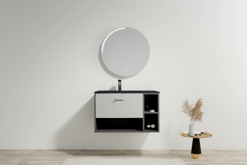 Bộ tủ lavabo màu trắng đen, kết hợp với gương tròn treo tường