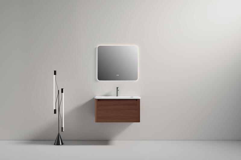 Bộ tủ lavabo màu nâu vân gỗ kết hợp với gương chữ nhật treo tường