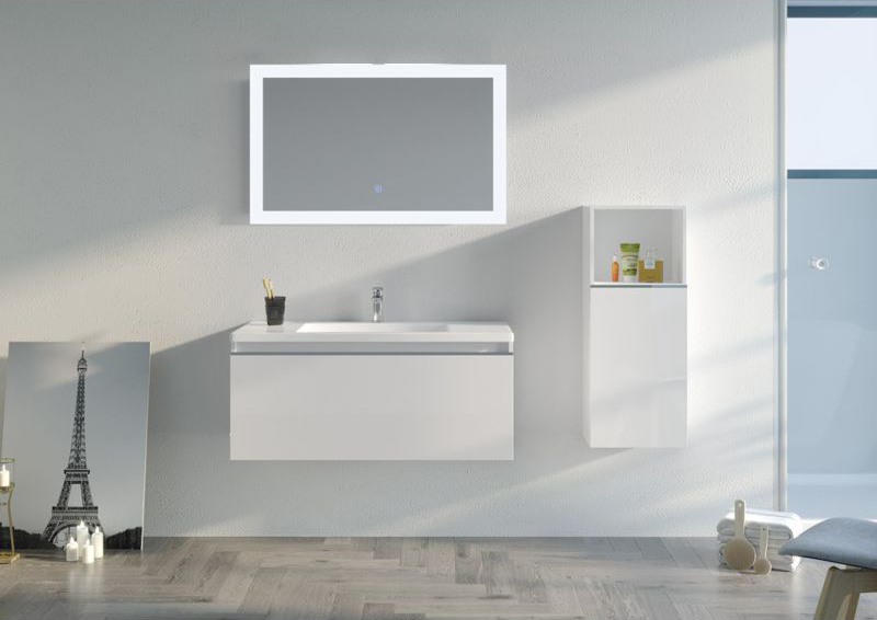 Bộ tủ lavabo màu trắng kết hợp với gương chữ nhật treo tường