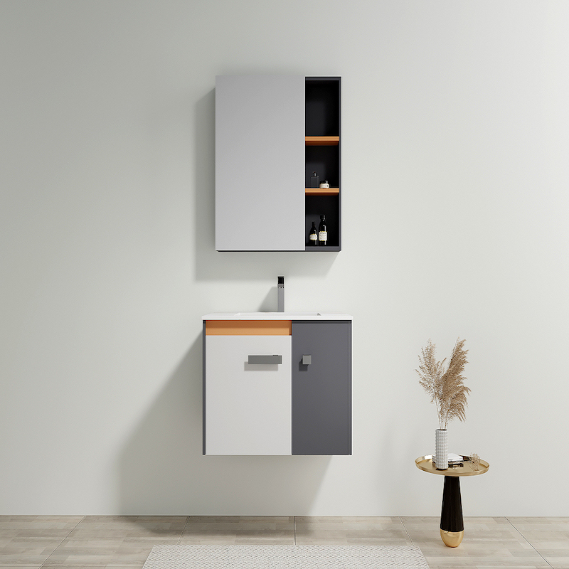 Bộ tủ lavabo màu trắng đen kết hợp với tủ đựng đồ ở trên