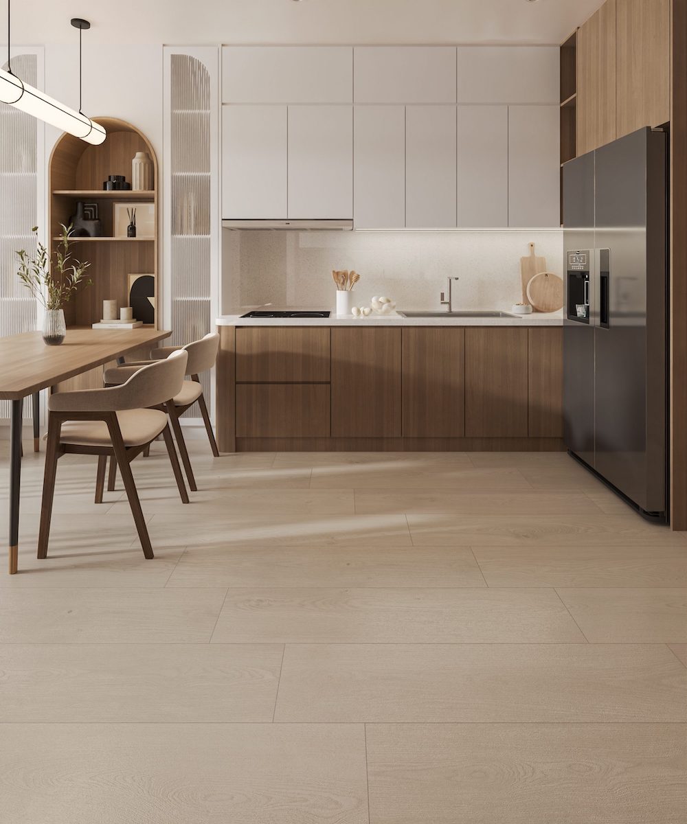 Gạch vân gỗ ốp lát phòng bếp từ Divo Ceramica