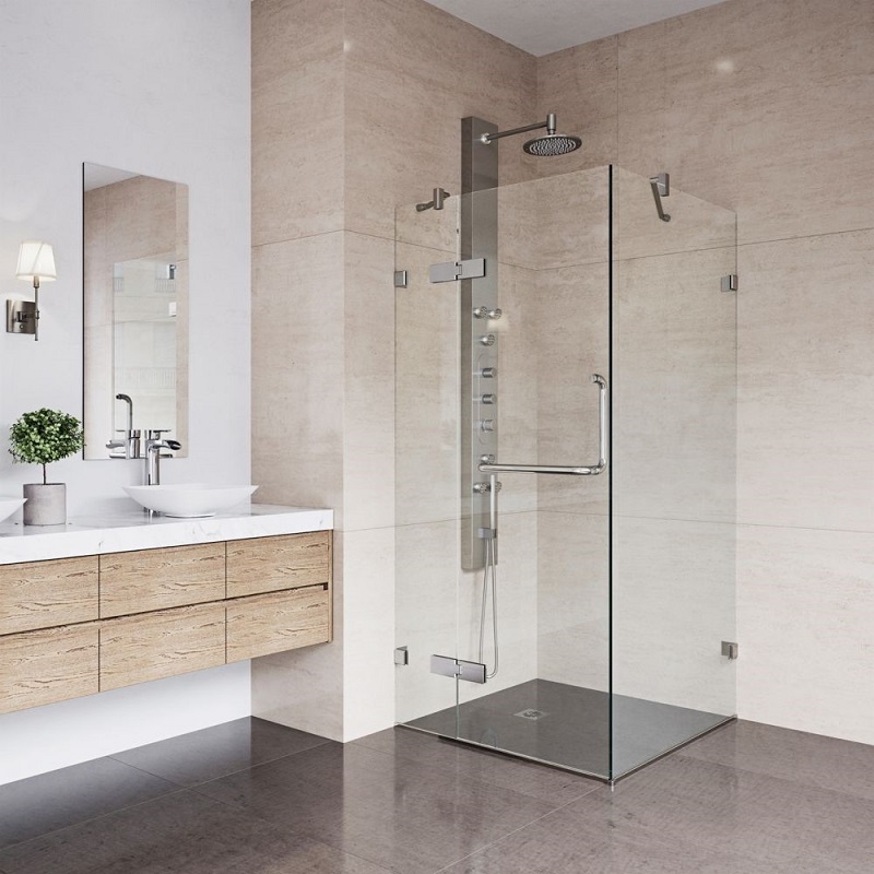 Phòng tắm kính thường được cấu tạo bởi 2 thành phần cơ bản: Vách kính (chiếm 90%) và phụ kiện (Nguồn: Sưu tầm)
