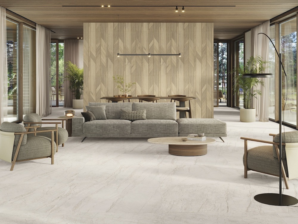 Gạch 59,6x150 vân gỗ từ thương hiệu Porcelanosa tạo điểm nhấn cho phòng khách từ Divo Ceramica