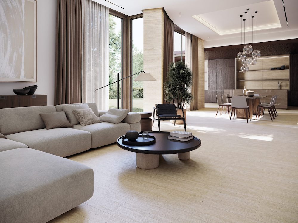 Gạch đến từ thương hiệu Porcelanosa phù hợp với không gian phòng khách từ Divo Ceramica