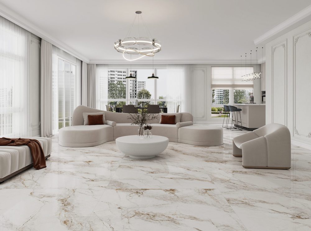 Ốp lát gạch vân đá 120x120 cho phòng khách từ Divo Ceramica