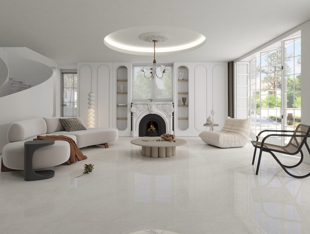 Gạch ốp lát nền phòng khách khổ lớn tạo cảm giác liền mạch cho không gian từ Divo Ceramica
